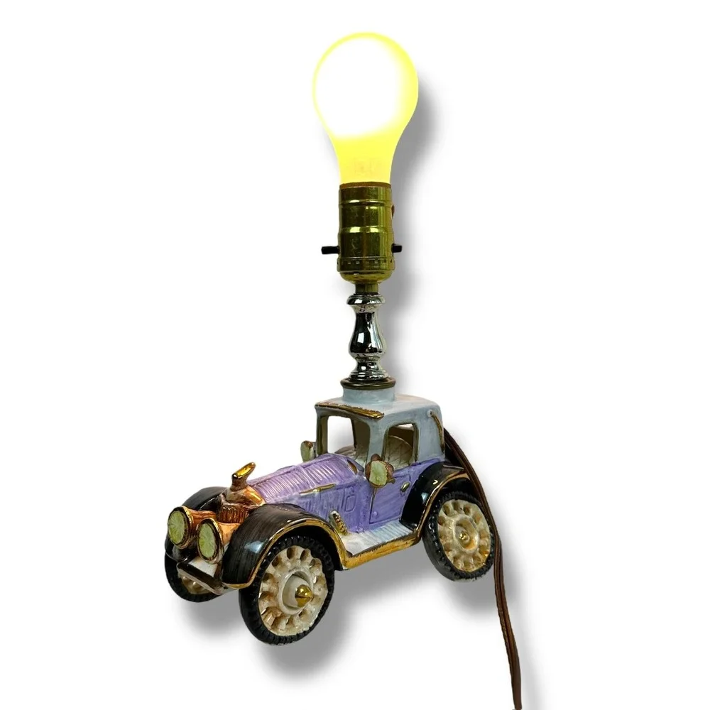 Vintage Ceramic Hand Painted Purple Antique Car Buggy Lamp 